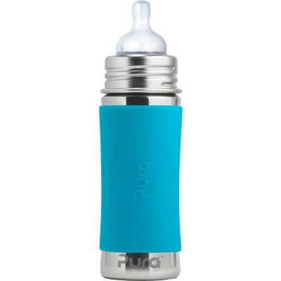 Afbeelding van Pura Speenfles 325 ml Plasticvrij Drinkfles Voorkomt Maagkrampen Vaatwasserbestendig Inclusief Siliconen Speen, Reisdop en Sleeve Top is Verwisselbaar Veelzijdig Aqua