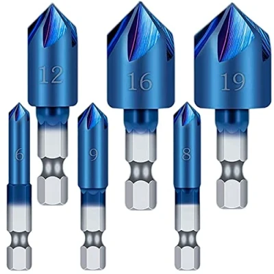 Afbeelding van KEWAYO Verzinkboor Set, 6 Stks 1/4 &#039;&#039;Hex 5 Fluit Hoge Snelheid Staal 90 Graden Houtbewerking Afschuining Boren Gereedschap Scherp met Nano Blue Coating 19 mm.
