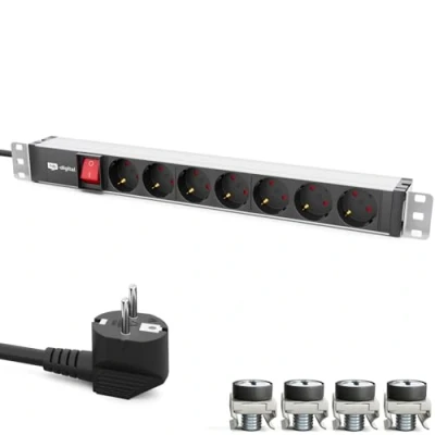 Afbeelding van hb digital 19 inch stekkerdoos 7 voudig voor serverkast 1HE aluminium profiel 230 VAC / 16 A netwerkkasten serverkasten met bevestiging compacte energieverdeling en