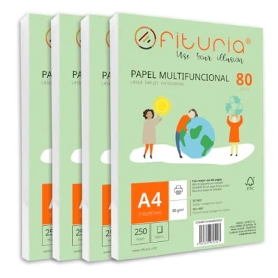 Afbeelding van 80 g A4 vellen verpakking met 1000 witte vellen, multifunctioneel papier voor school en werkomgeving. Ideaal laserprinters, inkjetprinters of kopieerapparaten. Ofituria