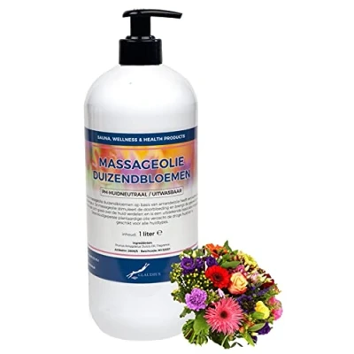 Afbeelding van Massageolie Duizendbloemen 1 liter met gratis pomp 100% natuurlijk biologisch en koud geperst