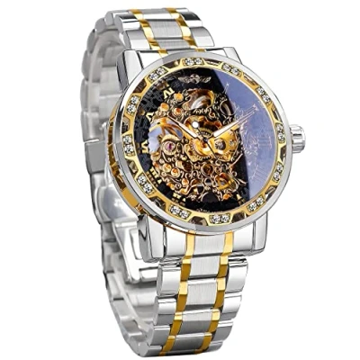 Afbeelding van FORSINING Winner Retro mechanisch skelethorloge met diamanten en bloemensnijwerk, klassiek Romeinse cijfers voor heren, Goud, Casual stijl