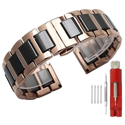 Afbeelding van Tweekleurige RVS Horlogeband Keramische Armband Band Alle Links Verwijderbare Vervangingsband Met Gereedschap 14 mm 16 18 20 22 mm, Roségoud staal+zwart keramiek, 18mm