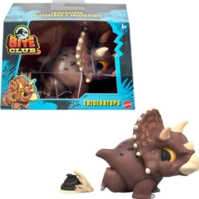 Afbeelding van Mattel Jurassic World Bite Club verzamelfiguur, gestileerde Chubby Triceratops dinosaurus ca. 10,2 cm met accessoires, HVB39