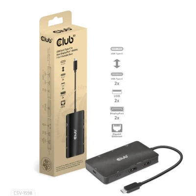 Afbeelding van CLUB3D USB Gen2 Type C to Dual DisplayPort 4k60Hz 7 in 1 HUB 2x Displayport, 3.2 Gen 2 (3.1 2) C, 100 W, 1.4/2.2, 10,100,1000 Mbit/s, Zwart, 4K Ultra HD