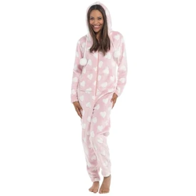 Afbeelding van Lora Dora Onesie met hartprint voor dames, alles in één fleece pyjama capuchon, roze, L