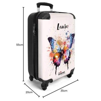 Afbeelding van NoBoringSuitcases.com® Kinderkoffer meisje vlinder roze Reiskoffer gepersonaliseerd Trolley handbagage lichtgewicht Past binnen 55x40x20 en 55x35x25