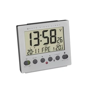 Afbeelding van TFA Dostmann 60.2561.55 Digitale wekker, automatische nachtverlichting, draadloze temperatuur, dag van de week en datum, aluminium look, zilver, 99 x 90 42 mm (l b h)