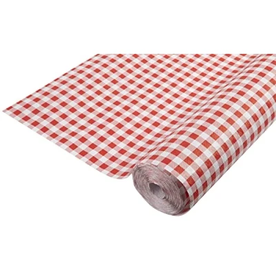 Afbeelding van Pro Nappe Damastpapieren wegwerptafelkleed op een rol van 25 m lang en 1,18 breed Damastpapier met chic klassiek universeel patroon 83 delig Gingham rood