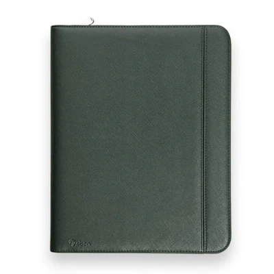 Afbeelding van Vebon® Rome Schrijfmap, A4, groot, dubbele ritssluiting, klembord, vergadermap en laptoptas, extra opbergruimte, zwart kunstleer, dennengroen.