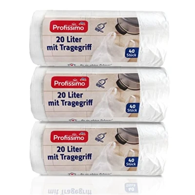 Afbeelding van Profissimo Vuilniszakken met draaggreep, 20 l, scheurvast, vloeistofdicht, 120 zakken (3 x 40 stuks per rol), productverpakkingen zijn recyclebaar