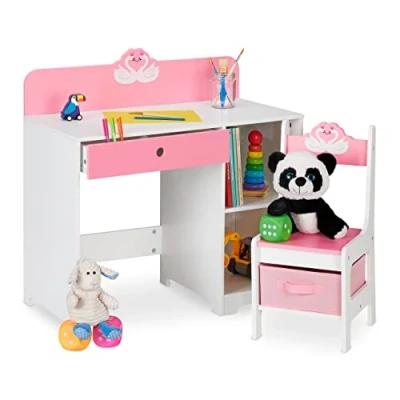 Afbeelding van Relaxdays kinderbureau en stoel, lade &amp; 2 open vakken, zwaan print, kindertafel, kaptafel, bureau kinderkamer, roze/wit