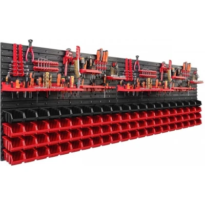 Afbeelding van Botle Gereedschapswand, 230 x 78 mm, stapelboxen, gereedschapshouders, wandplaat, houderrails, hobby, voor garage, magazijn en werkplaats, 84 stuks, rood/zwart