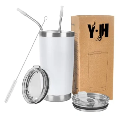 Afbeelding van Y·J&amp;H 20oz (550ml) Travel Tumbler Dubbelwandige vacuüm geïsoleerde koffiemok roestvrij stalen koffiekop met 2 spatwaterdicht deksel, rietjes en gratis reinigingsborstel, BPA vrij Wit