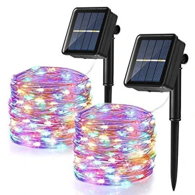 Afbeelding van BrizLabs Lichtsnoer op zonne energie, voor buiten, 12 m, 120 leds, kleurrijk, koperdraad, 8 modi, waterdicht, binnen en tuin, feest, terras, bruiloft