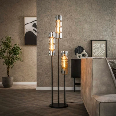 Afbeelding van Fraaai Duncan vloerlamp 3L getrapt cylinder Glas artic zwart