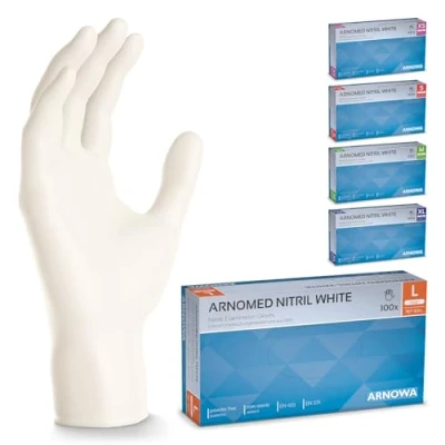 Afbeelding van ARNOMED wegwerphandschoenen wit, nitril handschoenen L, 100 stuks/doos wegwerphandschoen, poedervrij &amp; latexvrije handschoenen, wegwerp in XS, S, M, L XL, handschoen