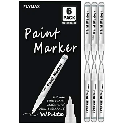 Afbeelding van FLYMAX Witte stiften, 6 stuks, 0,7 mm, acryl, wit, permanente markeerstiften, hout, steen, kunststof, leer, glas, metaal, canvas, keramiek, extra fijne punt, waterdicht, dekkend, op waterbasis