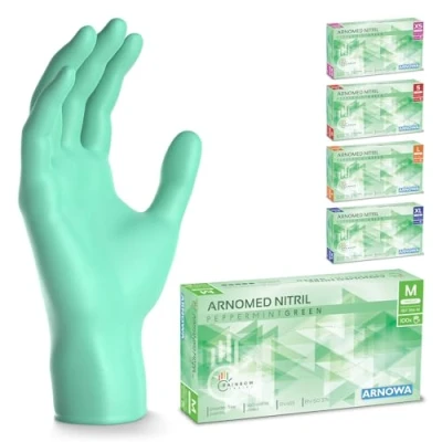 Afbeelding van ARNOMED wegwerphandschoenen groen, nitril handschoenen M, met 100 stuks per doos, poedervrij. Latexvrije rubber handschoenen, verkrijgbaar in XS, S, L &amp; XL