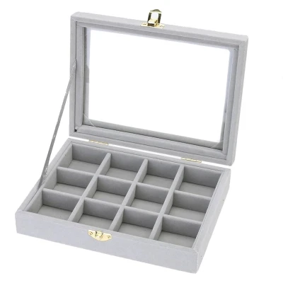 Afbeelding van Fliex Sieraden display Kralen ringen doos Grijs Velours Glas