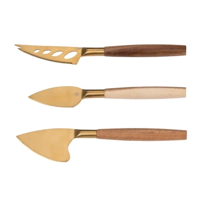 Afbeelding van Kaasmes (set van 3 stuks) goudkleurig met hout