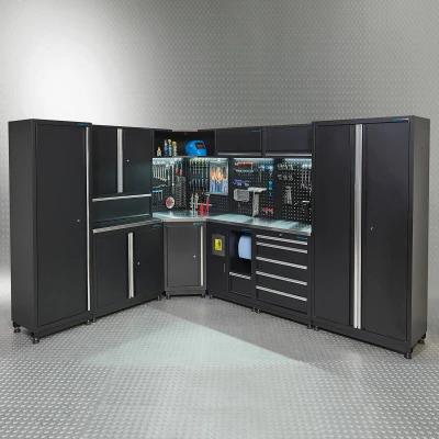 Afbeelding van Datona Werkplaatsinrichting PREMIUM Met RVS Werkblad 560 cm Breed (317 x 200 voor de linkerhelft, 243 rechterhelft) Zwart