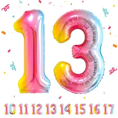 Afbeelding van Ballonnen verjaardag 13 jaar regenboog 101 cm verjaardagsdecoratie voor een man vrouw opblaasbaar cijfer van folie beige