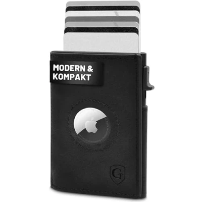 Afbeelding van GenTo Portemonnee met muntenvak, metalen case, slim wallet, TÜV geteste RFID NFC bescherming, kleine portemonnee, dunne smalle kaarthouder, mat zwart, SMARTLET PUSH I Münzfach M + AirTag Halter,