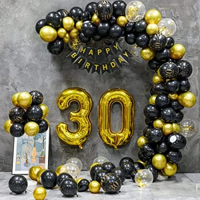 Afbeelding van Verjaardagsdecoratie voor 30ste verjaardag, mannen en vrouwen, verjaardagsdecoratie, Happy Birthday slinger, ballon, zwart gouden decoratie, decoratie de confettiballonnen,