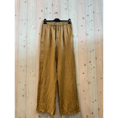 Afbeelding van 100% luchtige Linnen broek met zijzakken elastische talieband en trekkoord kleur CAMEL maat 40 42