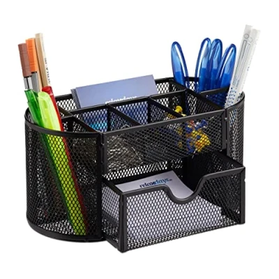 Afbeelding van Relaxdays pennenbak metaal bureau organizer gaas opbergsysteem schuiflade Mesh zwart