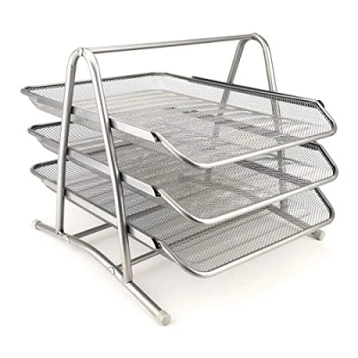 Afbeelding van D.RECT 110486 Metalen opbergvakken, stapelbaar, bureau organizer, bureau, 3 laden, brievenbak, A4, mesh, papieren lade, zilverkleurig