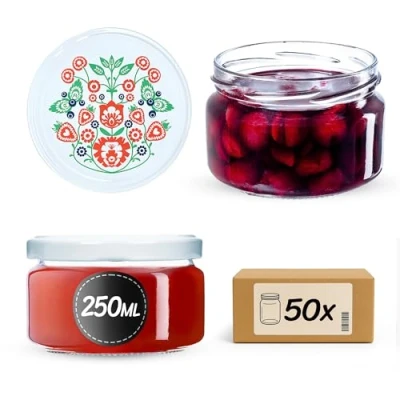 Afbeelding van KADAX kleine inmaakpotten, 250 ml, jampotten met deksel, luchtdichte potten om cadeau te geven, voor honing en specerijen (50 stuks, folklore)