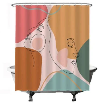 Afbeelding van Ulticool Douchegordijn Gezichten Abstract Aesthetic Emotie 180 x 200 cm semi Transparant met 12 Ringen Wit anti Schimmel Oker Roze Bruin Groen