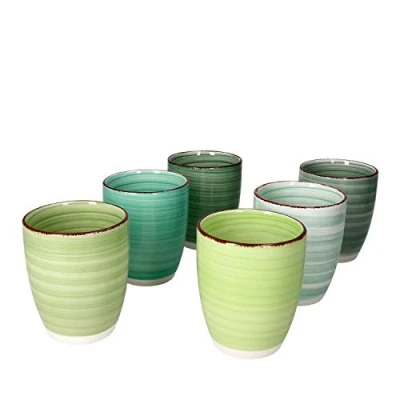 Afbeelding van MamboCat Green Koffiemokken zonder handvat, set van 6 grote aardewerken mokken met strudeldecoratie, in leuke groene tinten, moderne landhuisstijl, koffiemokken, kleurrijk, 300 ml, stuks