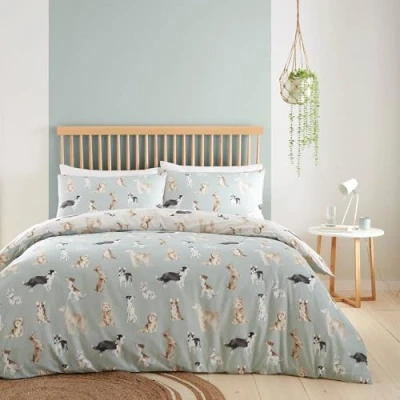 Afbeelding van Fusion Eendeneiblauw hondendekbedovertrek kingsize beddengoed (230 x 220 cm) omkeerbaar ontwerp (beige en eendeneiblauw) met hondenpootprint dierenprint , Franse stier