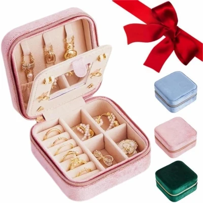 Afbeelding van Sieradendoos, kleine sieradenkistje, organizer voor dames, draagbare reissieradenbox, sieradenopslag oorbellen, ringen, halskettingen Valentijnsdagcadeaus meisjes (roze)