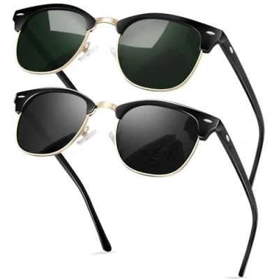 Afbeelding van KANASTAL Gepolariseerd Zonnebril Heren en Dames Retro 2 Paar Half Montuur Metal Zonnebrillen Klassiek Mode Met UV400 Bescherming Trekking Vierkante Unisex Glossy Zwart Groen