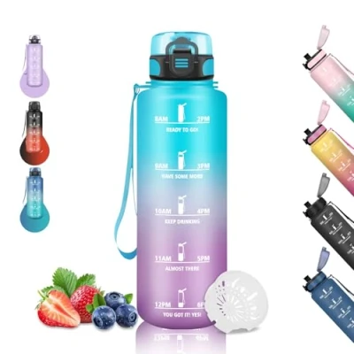 Afbeelding van drinkfles, 1,5 liter, motiverende lekvrije fitnessfles, gegradueerde waterfles met tijdschaal, gemakkelijk te reinigen, drinkflessen voor yoga, hardlopen, wandelen, kamperen, blauw paars