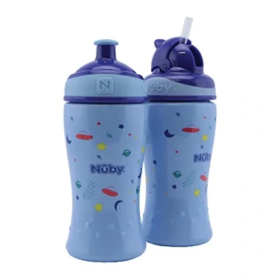 Afbeelding van Nuby Dubbelpack no spill Flip It Drinkfles met rietje 360ml + Pop Up voor kinderen Zonder BPA Blauw 360 ml 12+ maand &amp; 18+