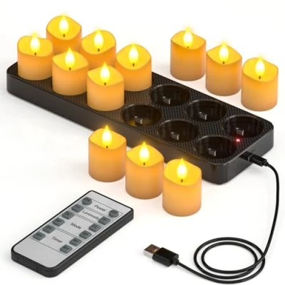 Afbeelding van Yme oplaadbare theelichtjes met timerfunctie en laadstation, 12 led theelichtjes, kaarsen, flikkerend, afstandsbediening, timer, voor kamer, woonkamer, Halloween, pompoen, Kerstmis,