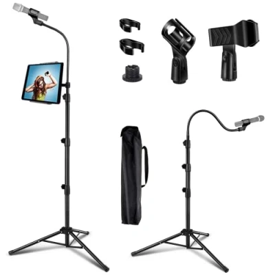 Afbeelding van LIUGAST Draagbare microfoonhouder met telefoonhouder, verstelbaar zwanenhals statief van 0,9 tot 1,8 m, 2 standaard microfoonclips, zwart