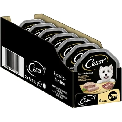 Afbeelding van Cesar Adult nat Hondenvoer Classic Terrine met hartig gevogelte en rundvlees, 14 kommen, 14x150g premium hondenvoer, zonder toegevoegde suikers, kunstmatige smaak of kleurstoffen