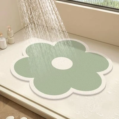 Afbeelding van Ronde douchemat, bloembadmat voor binnendouche, PVC loofah badkamer vloermat, antislip badmat antischimmel douchemat met afvoer, sneldrogend (groen, 50 x cm)