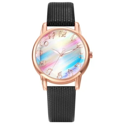 Afbeelding van JewelryWe Dameshorloge regenboog lederen horloge: zwart dames Preppy Boho analoog kwarts polshorloge vrouwen casual horloge met PU lakleer armband en gekleurde wijzerplaat,