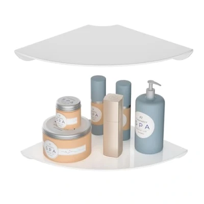 Afbeelding van Sezanrpt 24 x cm acryl hoek zwevende plank set van 2 witte hoeken wandplank voor woondecoratie, luidsprekers, beveiligingscamera&#039;s, toiletten, planten, figuren, cosmetica, boeken