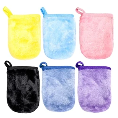 Afbeelding van PFLYPF 6 stuks flanellen make up verwijderingshandschoenen, vingerreinigingshoezen, herbruikbare handdoeken, douchehandschoenen met gesp, zachte washandjes (9 x 13 cm)