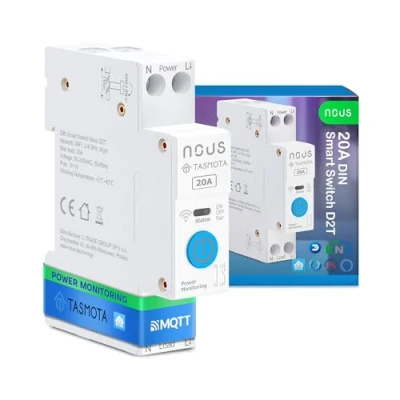 Afbeelding van Nous Intelligente DIN schakelaar 20 A met Tasmota (ESP32), energiebewaking, compatibel MQTT, Home Assistant, Matter, spraakbesturing Alexa, Google Assistant