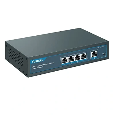 Afbeelding van YuanLey 5 poorts Gigabit PoE switch met 4 PoE+, 802.3af/bij 78W ingebouwd vermogen, ventilatorloze metalen onbeheerde plug &amp; play