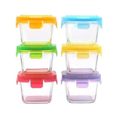 Afbeelding van ARSUK Baby glazen voedsel opslag containers 6 stuks x 150 ml vierkante luchtdichte BPA vrije plastic vergrendeldeksels met siliconen afdichtingen voor peuter voedsel, vruchtensappen